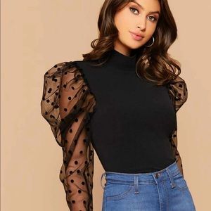 Mesh Polka Dot Mod Retro Puff Sleeve Blouse NWT